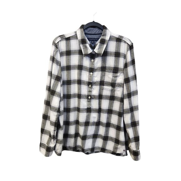 Tommy Hilfiger Women's XL Roll-Tab Sleeve 3/4 Button Plaid Pullover Top 2249 - Picture 1 of 10